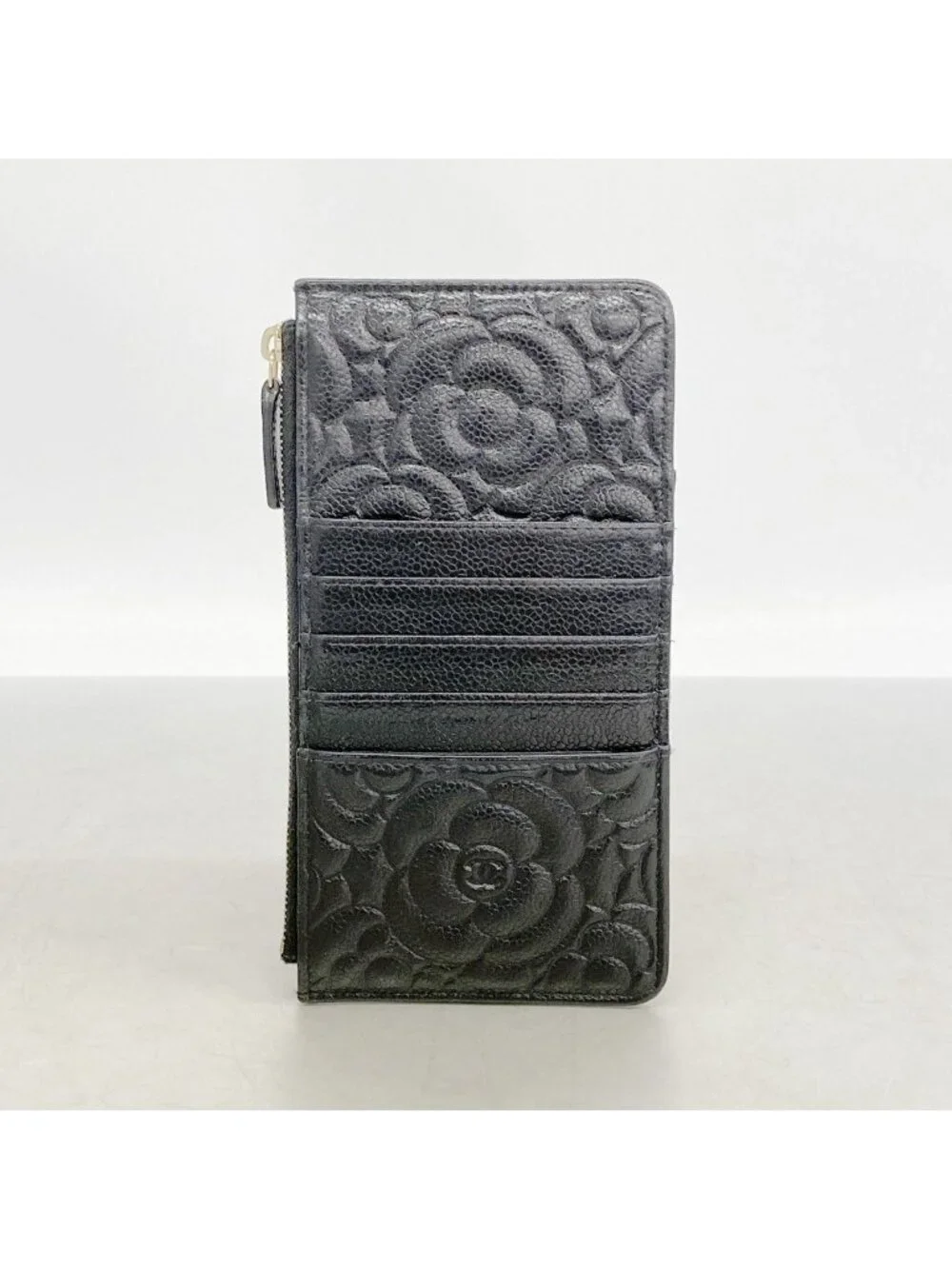 Chanel Wallet Camellia Caviar Leather Black Champagne Gold
